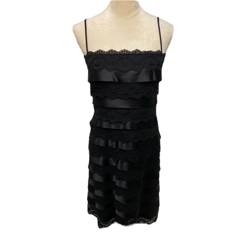 Tadashi Shoji Black Tiered Lace Slip Cocktail Dress 8 Formal Evening Wedding